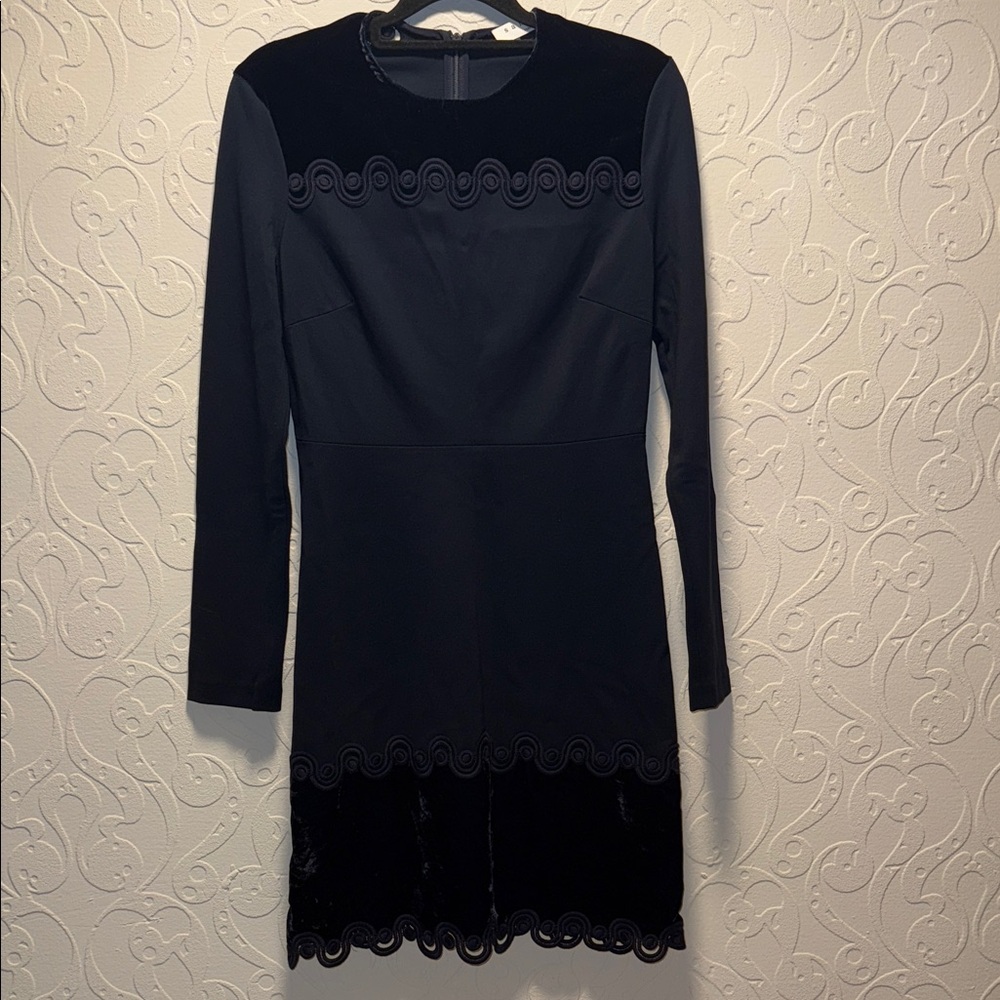 Sandro Navy Blue Long Sleeve Dress with Embroidered Details